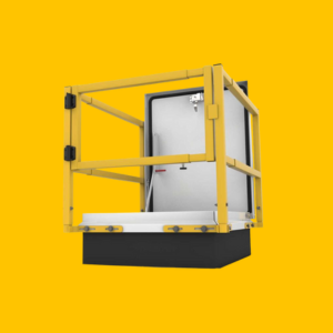 Sistema de barandilla ajustable Milcor Saf-T-Rail para trampillas de techo con recubrimiento amarillo de seguridad.
